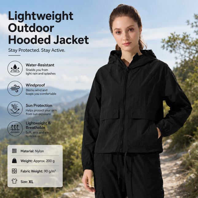 Black XL Size Women's Lightweight Hooded Windbreaker V888-ELOSUNG53795