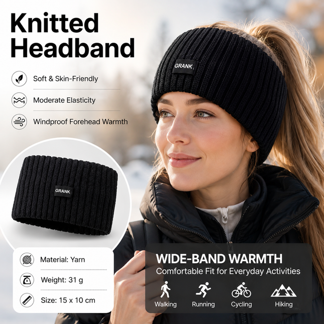 Black Women's Knitted Headkerchief- Soft Yarn Wide Ear Warmer Head Wrap Stretchy Non-Slip