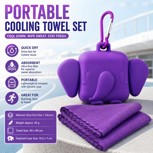 Purple Portable Quick Dry Towel with Elephant Storage Box