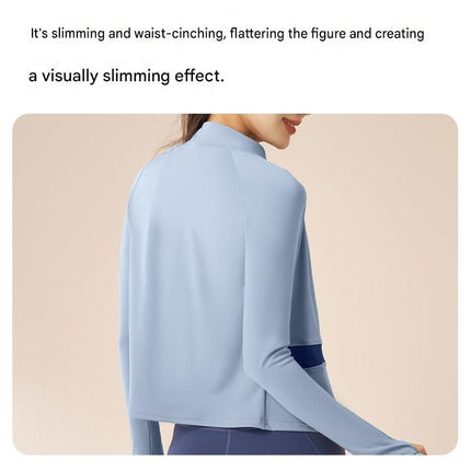 L size Women's 2-Piece Running Yoga Set - Blue Colorblock Zip Jacket and Blue Faux Two-Layer Leggings, Slim Fit High Stretch Gym Activewear for Fitness and Training