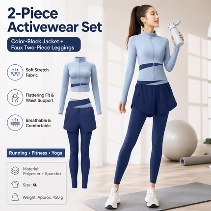 XL size Women's 2-Piece Running Yoga Set - Blue Colorblock Zip Jacket and Blue Faux Two-Layer Leggings, Slim Fit High Stretch Gym Activewear for Fitness and Training