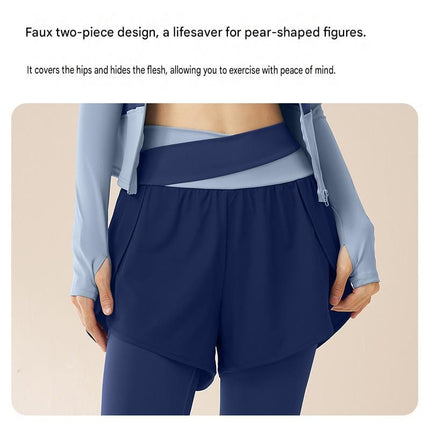 L size Women's 2-Piece Running Yoga Set - Black Colorblock Zip Jacket and Black Faux Two-Layer Leggings, Slim Fit High Stretch Gym Activewear for Fitness and Training