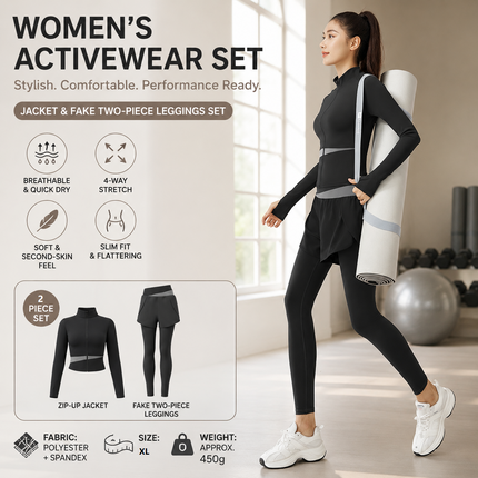 XL size Women's 2-Piece Running Yoga Set - Black Colorblock Zip Jacket and Black Faux Two-Layer Leggings, Slim Fit High Stretch Gym Activewear for Fitness and Training