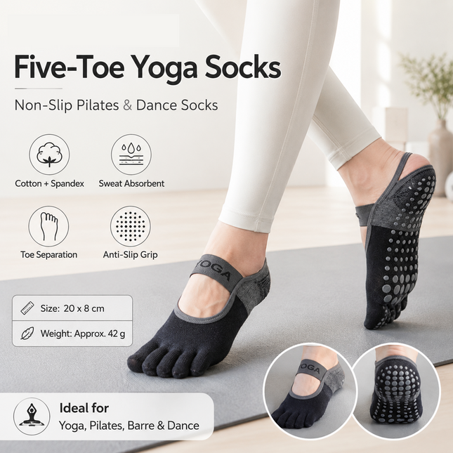 Black Non-Slip Five Toe Yoga Socks