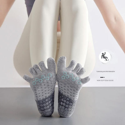 Black Non-Slip Five Toe Yoga Socks - Cotton Blend with PVC Grip Dots, Breathable & Secure Fit for Pilates, Dance, and Indoor Fitness Training