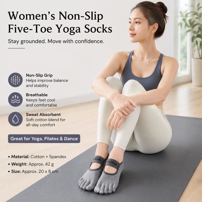 Grey Non-Slip Five Toe Yoga Socks