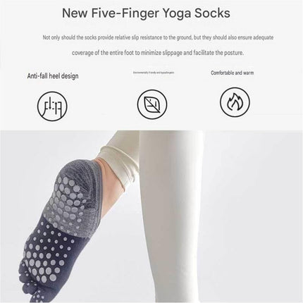 Grey Non-Slip Five Toe Yoga Socks - Cotton Blend with PVC Grip Dots, Breathable & Secure Fit for Pilates, Dance, and Indoor Fitness Training