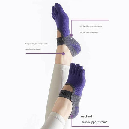 Grey Non-Slip Five Toe Yoga Socks - Cotton Blend with PVC Grip Dots, Breathable & Secure Fit for Pilates, Dance, and Indoor Fitness Training