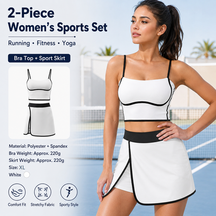 White XL Size Women's Linear Sports Set - Polyester Spandex Blend with Adjustable Straps, Removable Pads and Anti-Exposure Skirt for Yoga, Running and Gym