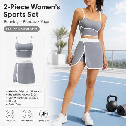 Grey S Size Women's Linear Sports Set - Polyester Spandex Blend with Adjustable Straps, Removable Pads and Anti-Exposure Skirt for Yoga, Running and Gym