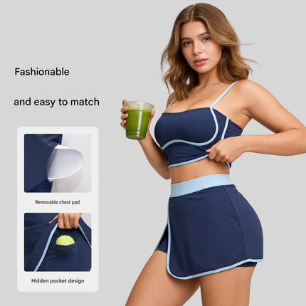 Grey XL Size Women's Linear Sports Set - Polyester Spandex Blend with Adjustable Straps, Removable Pads and Anti-Exposure Skirt for Yoga, Running and Gym