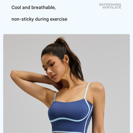 Blue S Size Women's Linear Sports Set - Polyester Spandex Blend with Adjustable Straps, Removable Pads and Anti-Exposure Skirt for Yoga, Running and Gym