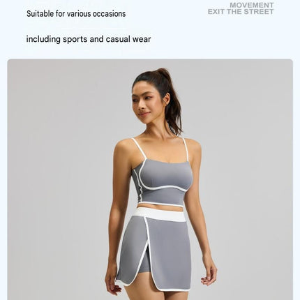 Blue M Size Women's Linear Sports Set - Polyester Spandex Blend with Adjustable Straps, Removable Pads and Anti-Exposure Skirt for Yoga, Running and Gym