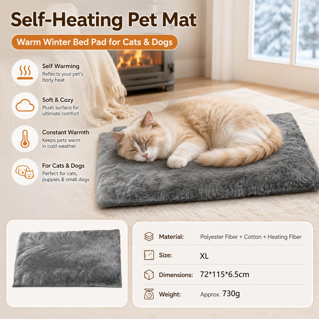 Grey XL Size 72x115cm Self Heating Pet Mat