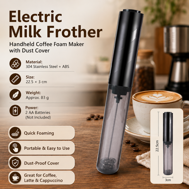 Black Handheld Electric Milk Frother 304 Stainless Steel Detachable Whisk Battery Powered (Batteries Not