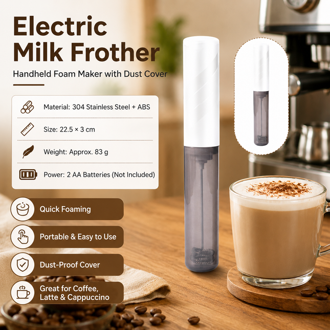 White Handheld Electric Milk Frother 304 Stainless Steel Detachable Whisk Battery Powered (Batteries Not