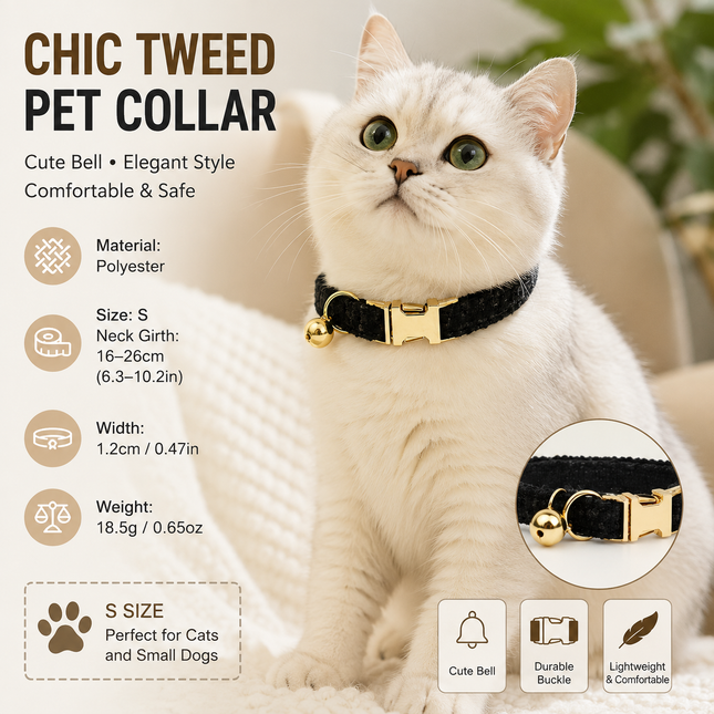 S Size Black Chic Tweed Pet Collar