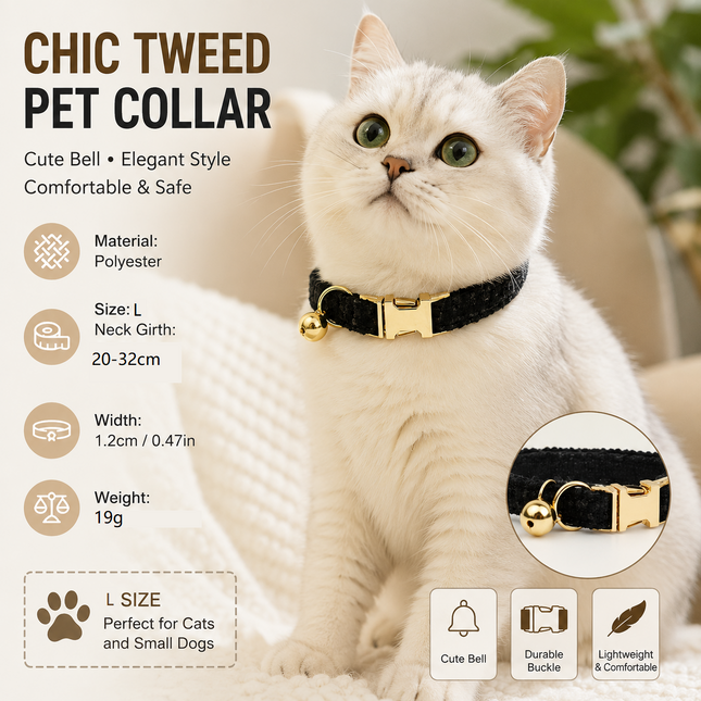 L Size Black Chic Tweed Pet Collar