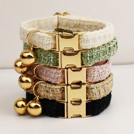 S Size Pink Chic Tweed Pet Collar - Polyester with Gold Bell and Adjustable Buckle - Soft Lightweight Neckwear for Cats and Small Dogs, 16-26cm Fit