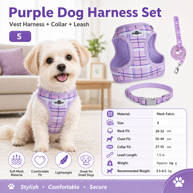 S Size Purple Classic Plaid Dog Harness Set- Breathable Mesh Vest and Adjustable Collar WIith 1.5m Lead for