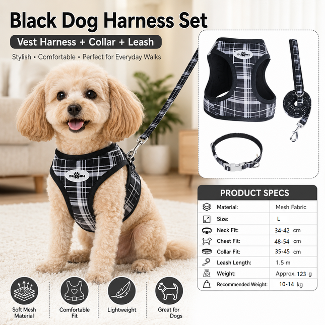 L Size Black Classic Plaid Dog Harness Set- Breathable Mesh Vest and Adjustable Collar WIith 1.5m Lead for