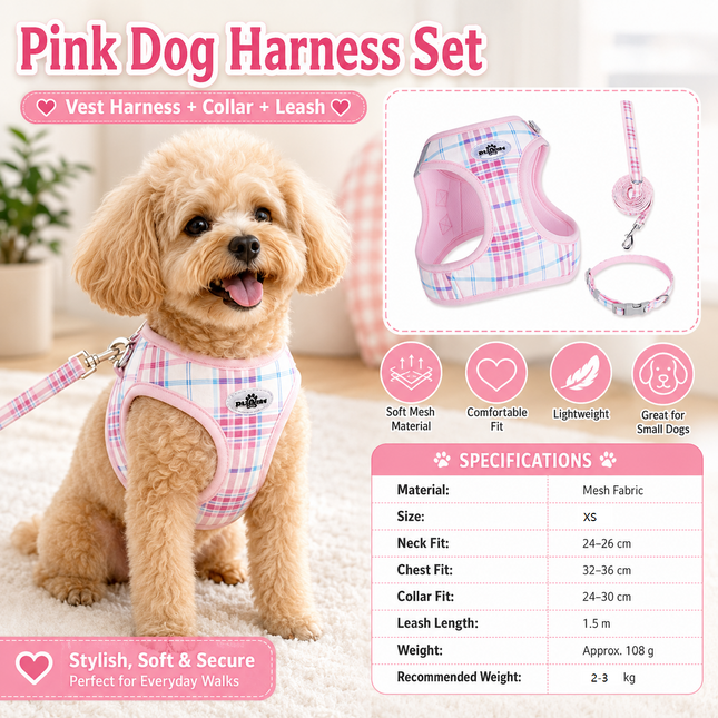 XS Size Pink Classic Plaid Dog Harness Set- Breathable Mesh Vest and Adjustable Collar WIith 1.5m Lead for
