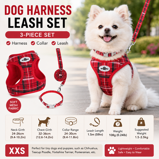 XXS Size Red Classic Plaid Dog Harness Set- Breathable Mesh Vest and Adjustable Collar WIith 1.5m Lead for