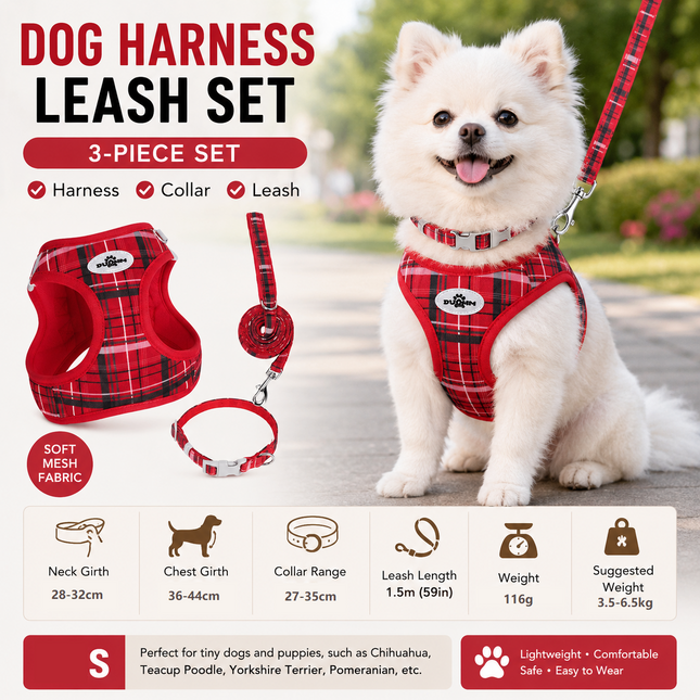 S Size Red Classic Plaid Dog Harness Set- Breathable Mesh Vest and Adjustable Collar WIith 1.5m Lead for