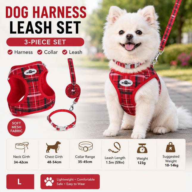 L Size Red Classic Plaid Dog Harness Set- Breathable Mesh Vest and Adjustable Collar WIith 1.5m Lead for