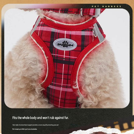 XS Size Beige Classic Plaid Dog Harness Set- Breathable Mesh Vest and Adjustable Collar WIith 1.5m Lead – shape and profile