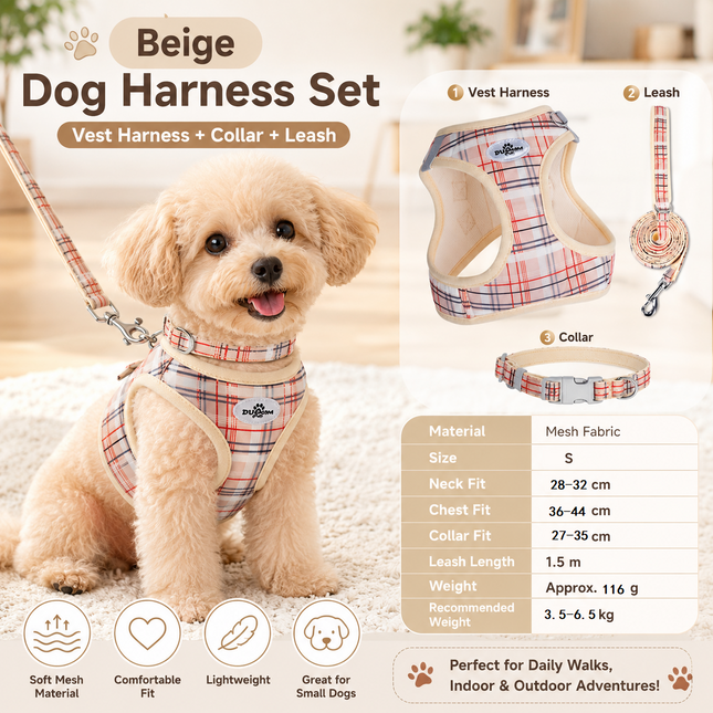S Size Beige Classic Plaid Dog Harness Set- Breathable Mesh Vest and Adjustable Collar WIith 1.5m Lead for