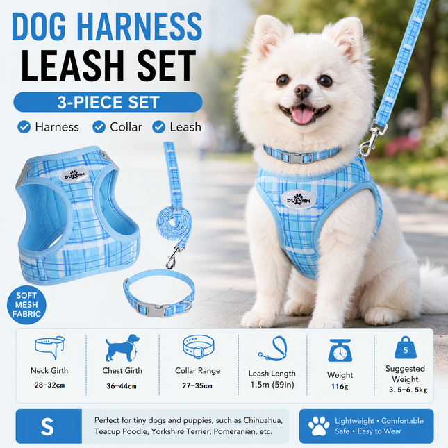 S Size Blue Classic Plaid Dog Harness Set- Breathable Mesh Vest and Adjustable Collar WIith 1.5m Lead for