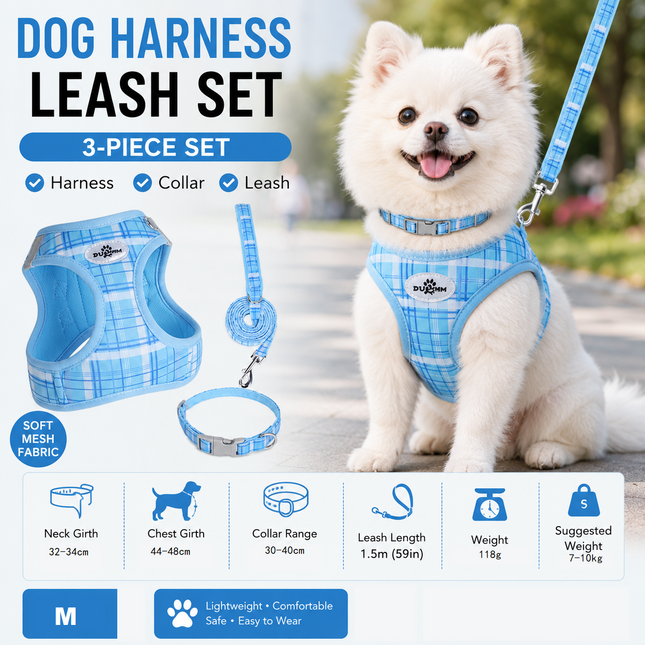 M Size Blue Classic Plaid Dog Harness Set- Breathable Mesh Vest and Adjustable Collar WIith 1.5m Lead for