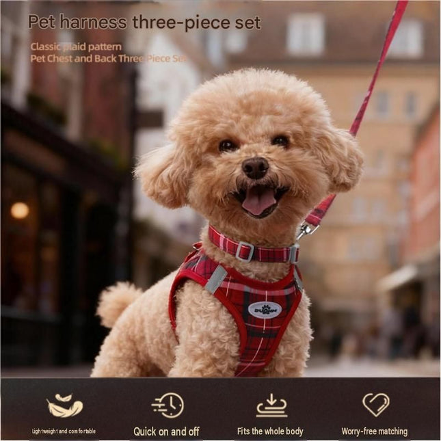 M Size Blue Classic Plaid Dog Harness Set- Breathable Mesh Vest and Adjustable Collar WIith 1.5m Lead for – product detail