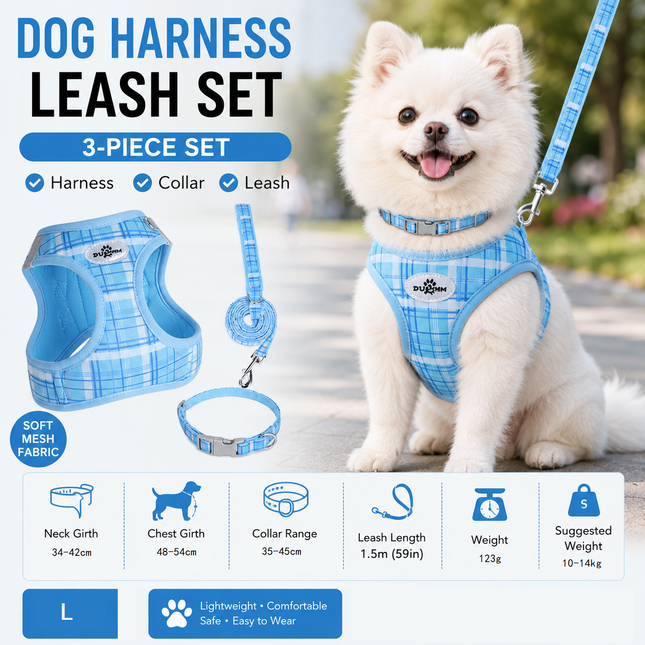 L Size Blue Classic Plaid Dog Harness Set- Breathable Mesh Vest and Adjustable Collar WIith 1.5m Lead for