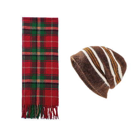 Brown + Red Striped Wool-Blend Beanie & Plaid Fringed Scarf Set — Soft Knit Hat (36 x 26 cm) and Oversized Shawl (200 x 65 cm); A Must-Have for Christmas and Cold Weather