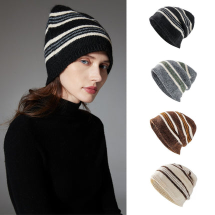 Brown + Red Striped Wool-Blend Beanie & Plaid Fringed Scarf Set — Soft Knit Hat (36 x 26 cm) and Oversized Shawl (200 x 65 cm); A Must-Have for Christmas and Cold Weather
