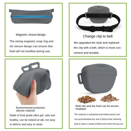 Black Silicone Dog Training Treat Pouch with Adjustable Waist Belt Hands-Free Pet Reward Bag for Outdoor Walks