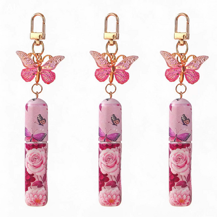 3 Pack Pink 5ml Portable Perfume Atomizer Keychain Butterfly Charm Floral Refillable Travel Spray Bottle Set - Same Design