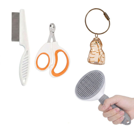 Ginger Cat Complete Cat Care Set - One-Touch Deshedding Brush, Stainless Steel Nail Clipper & Fur Collection Locket