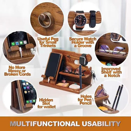 Multi-Functional Wooden Nightstand Organizer for Phone, Glasses, Wallet & Keys - Natural Wood Desk Tidy with Pen Holder
