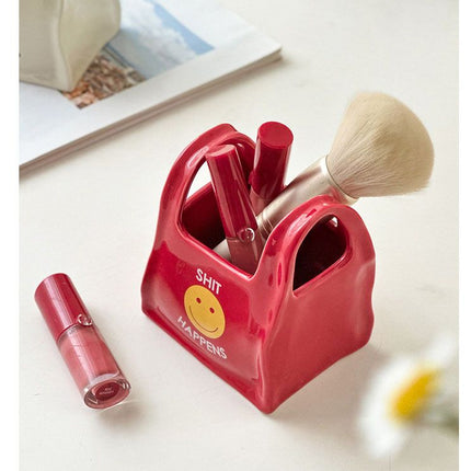 Red Ceramic Mini Tote Bag Pen Holder - Creative Desktop Storage Organizer for Makeup Brushes, Remote Controls and Stationery, Cute Smiley Decorative Container