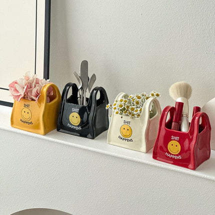 Red Ceramic Mini Tote Bag Pen Holder - Creative Desktop Storage Organizer for Makeup Brushes, Remote Controls and Stationery, Cute Smiley Decorative Container