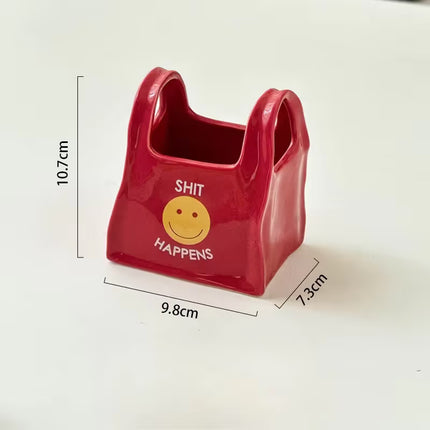 Red Ceramic Mini Tote Bag Pen Holder - Creative Desktop Storage Organizer for Makeup Brushes, Remote Controls and Stationery, Cute Smiley Decorative Container