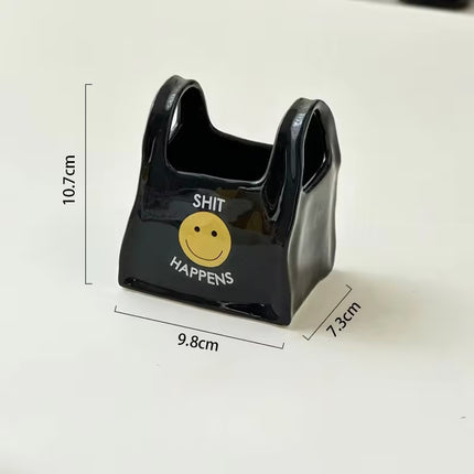 Black Ceramic Mini Tote Bag Pen Holder - Creative Desktop Storage Organizer for Makeup Brushes, Remote Controls and Stationery, Cute Smiley Decorative Container