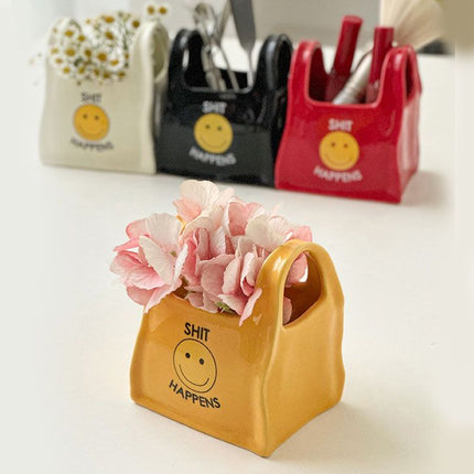 Yellow Ceramic Mini Tote Bag Pen Holder - Creative Desktop Storage Organizer for Makeup Brushes, Remote Controls and Stationery, Cute Smiley Decorative Container