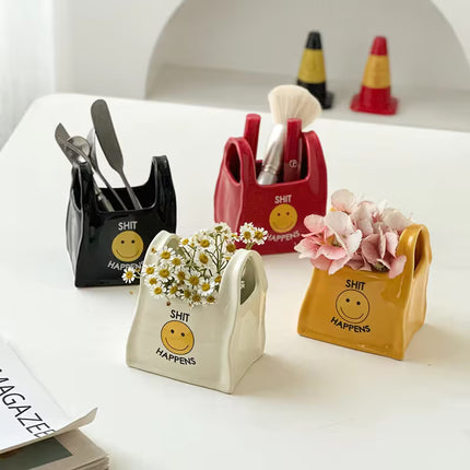 Yellow Ceramic Mini Tote Bag Pen Holder - Creative Desktop Storage Organizer for Makeup Brushes, Remote Controls and Stationery, Cute Smiley Decorative Container