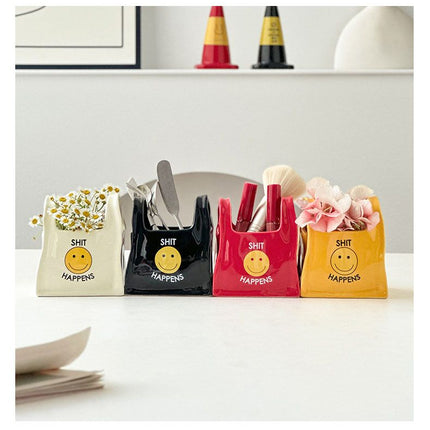 Yellow Ceramic Mini Tote Bag Pen Holder - Creative Desktop Storage Organizer for Makeup Brushes, Remote Controls and Stationery, Cute Smiley Decorative Container