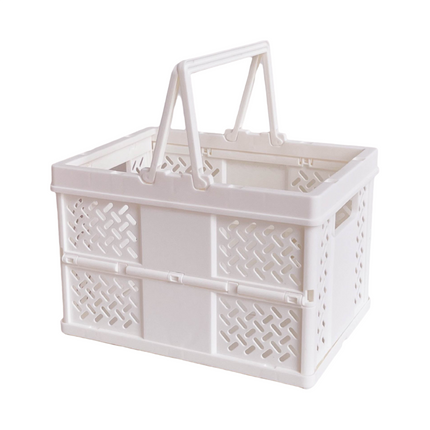 White Foldable Storage Basket with Handles - Portable Multi Purpose Desktop Organiser Crate for Snacks, Kitchen Storage, Books and Household Essentials