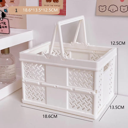 White Foldable Storage Basket with Handles - Portable Multi Purpose Desktop Organiser Crate for Snacks, Kitchen Storage, Books and Household Essentials